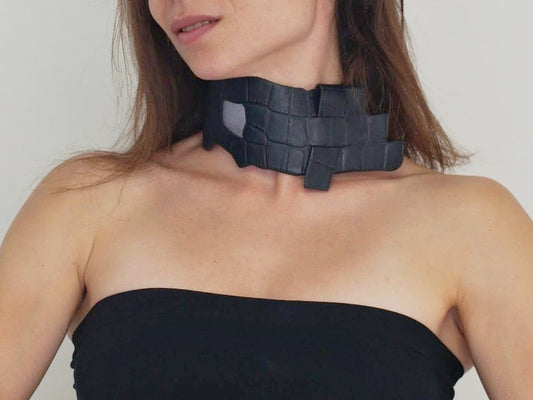 Asymmetrical black and silver leather choker necklace