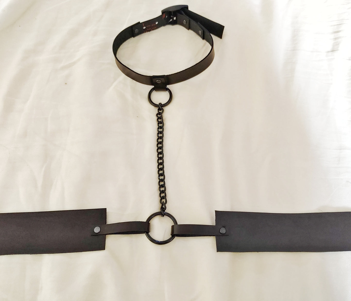 Black leather strappy chest harness