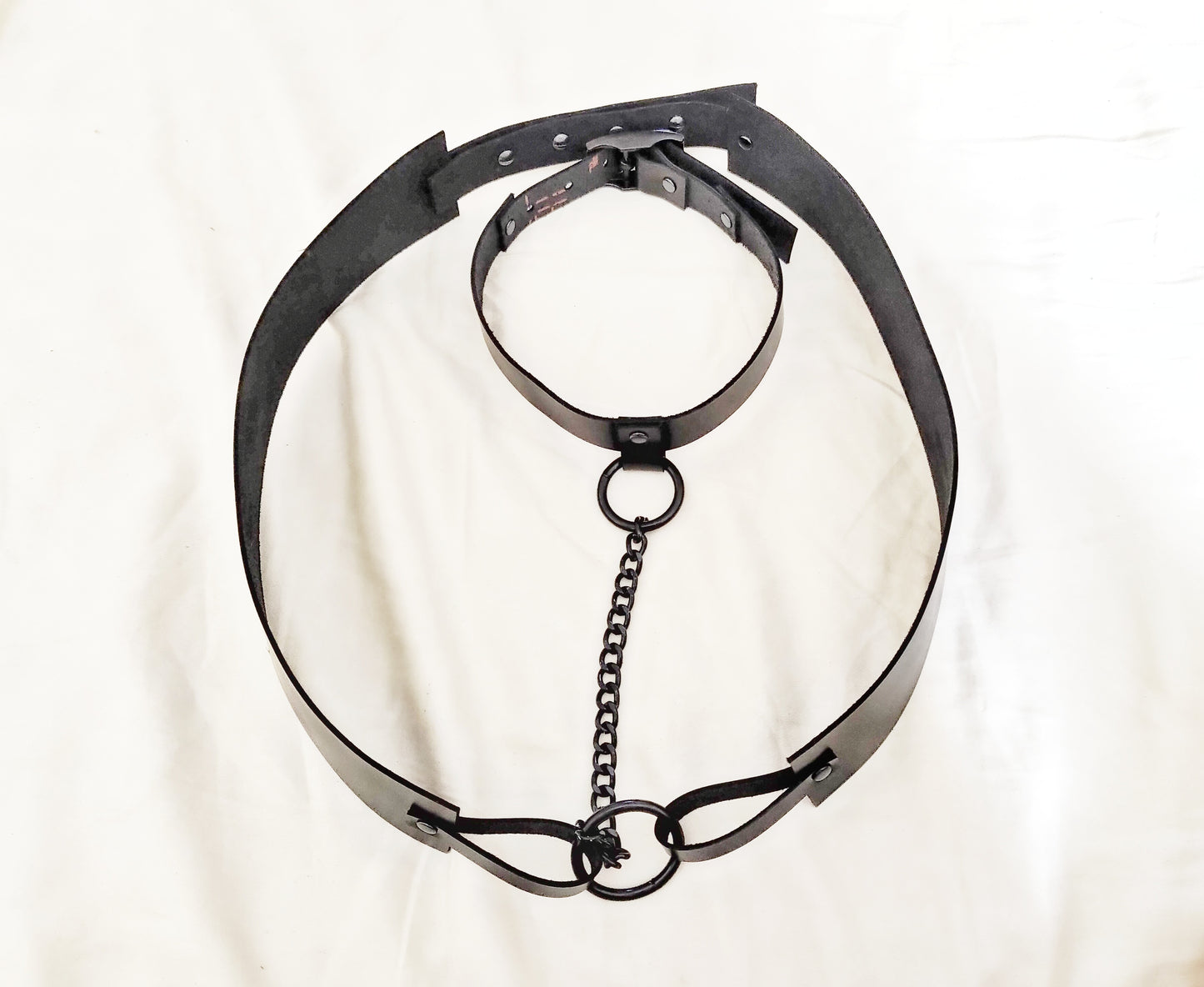 Black leather strappy chest harness